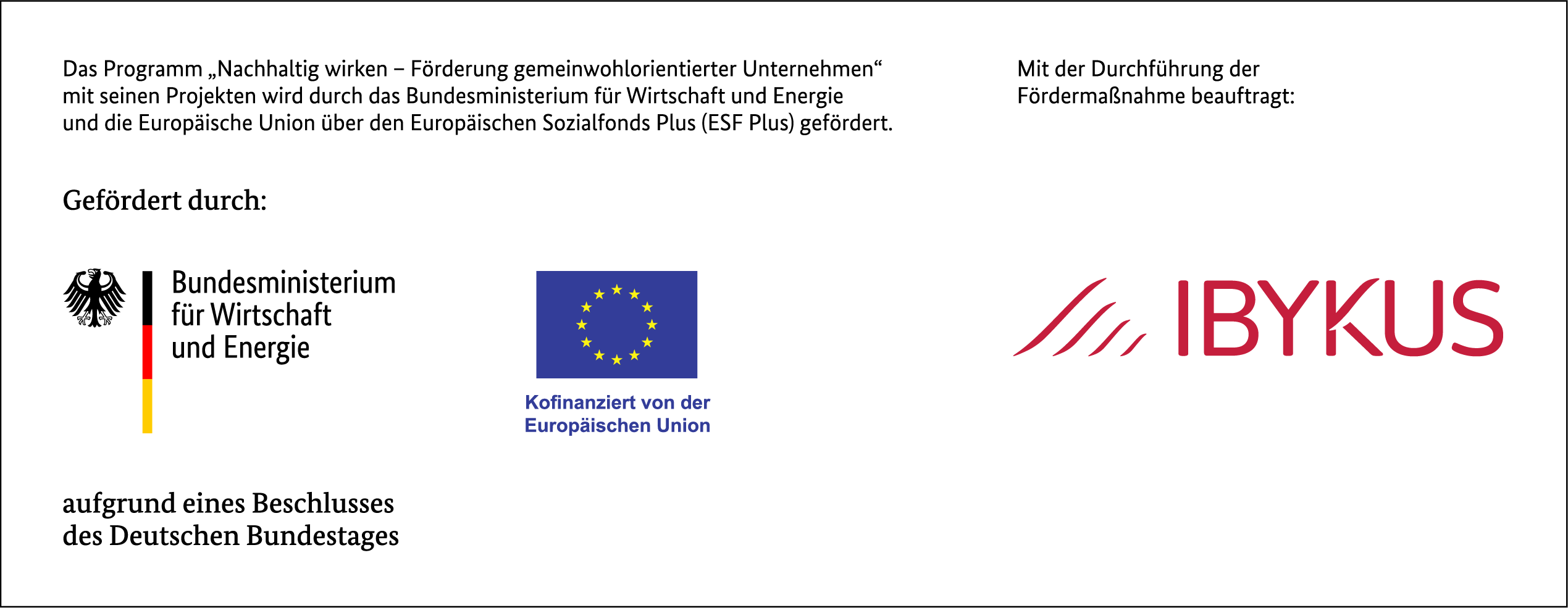 Funding notice for the Nachhaltig wirken program with BMWi, European Union ESF Plus, and IBYKUS logos